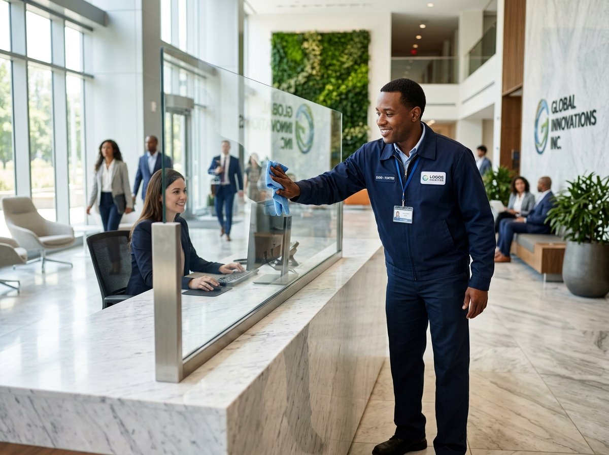 Professional Day Porter Attendant maintaining corporate lobby glass