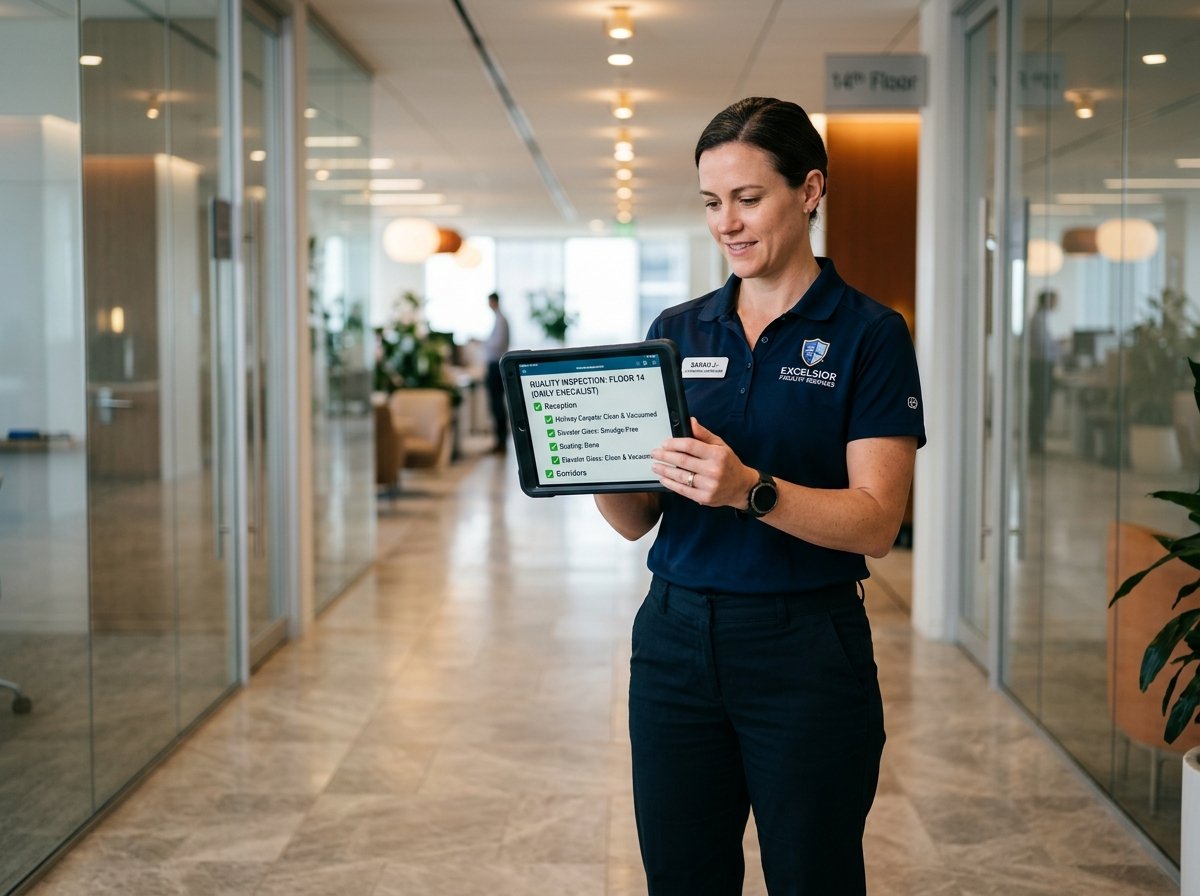 Janitorial Operations Supervisor performing digital tablet quality inspection