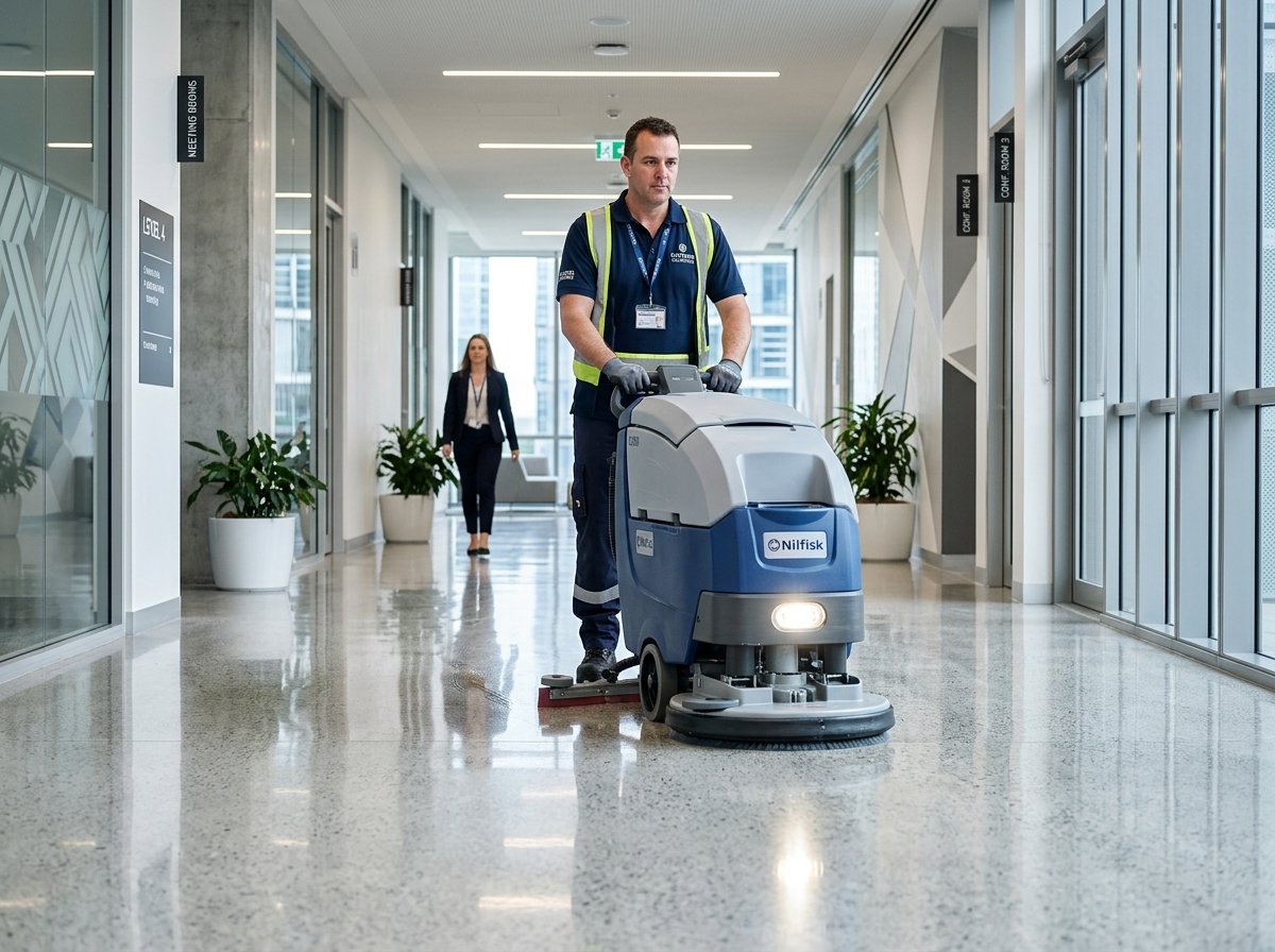 Floor care technician operating auto-scrubber machine in hallway